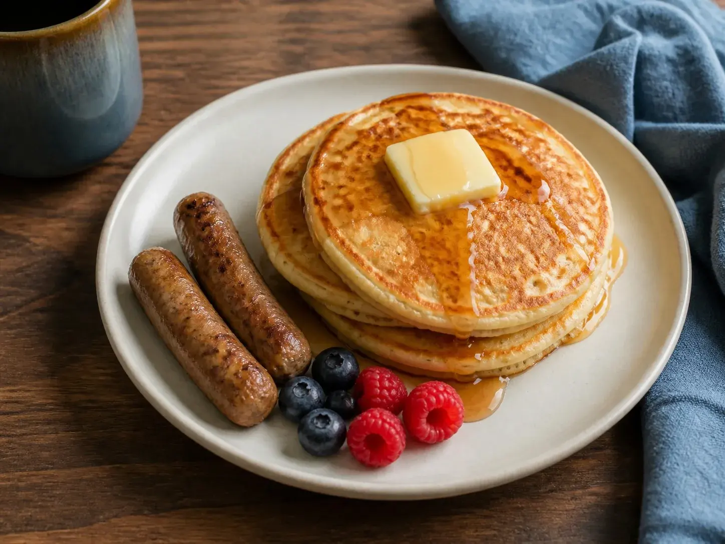 Illustrative image of pancakes with sausage served in a simple everyday setting