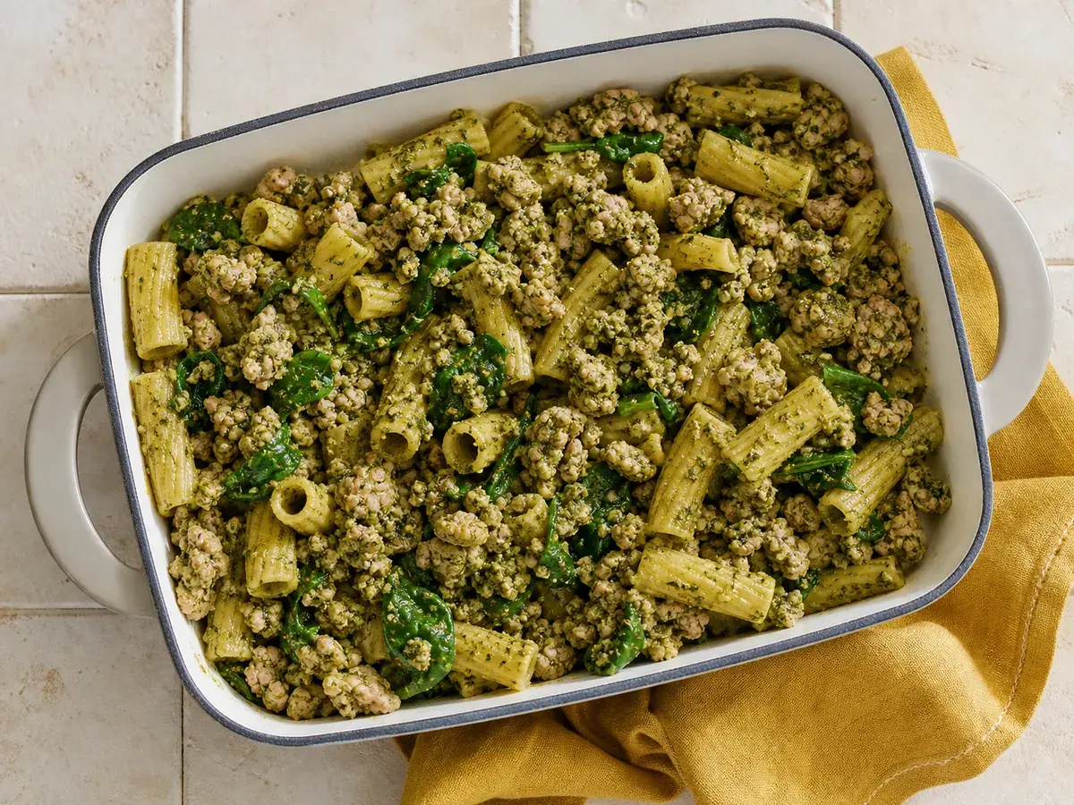 Illustrative image of pesto turkey pasta with wilted spinach