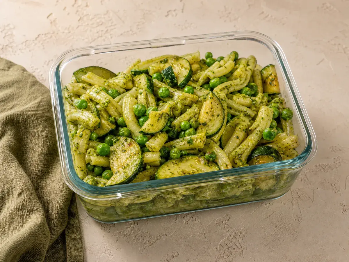 Illustrative image of pesto vegetable pasta served in a simple everyday setting