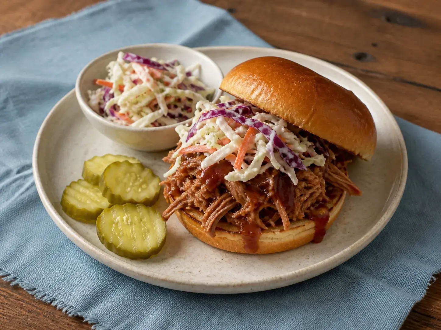 Illustrative image of pulled pork sandwiches served in a simple everyday setting