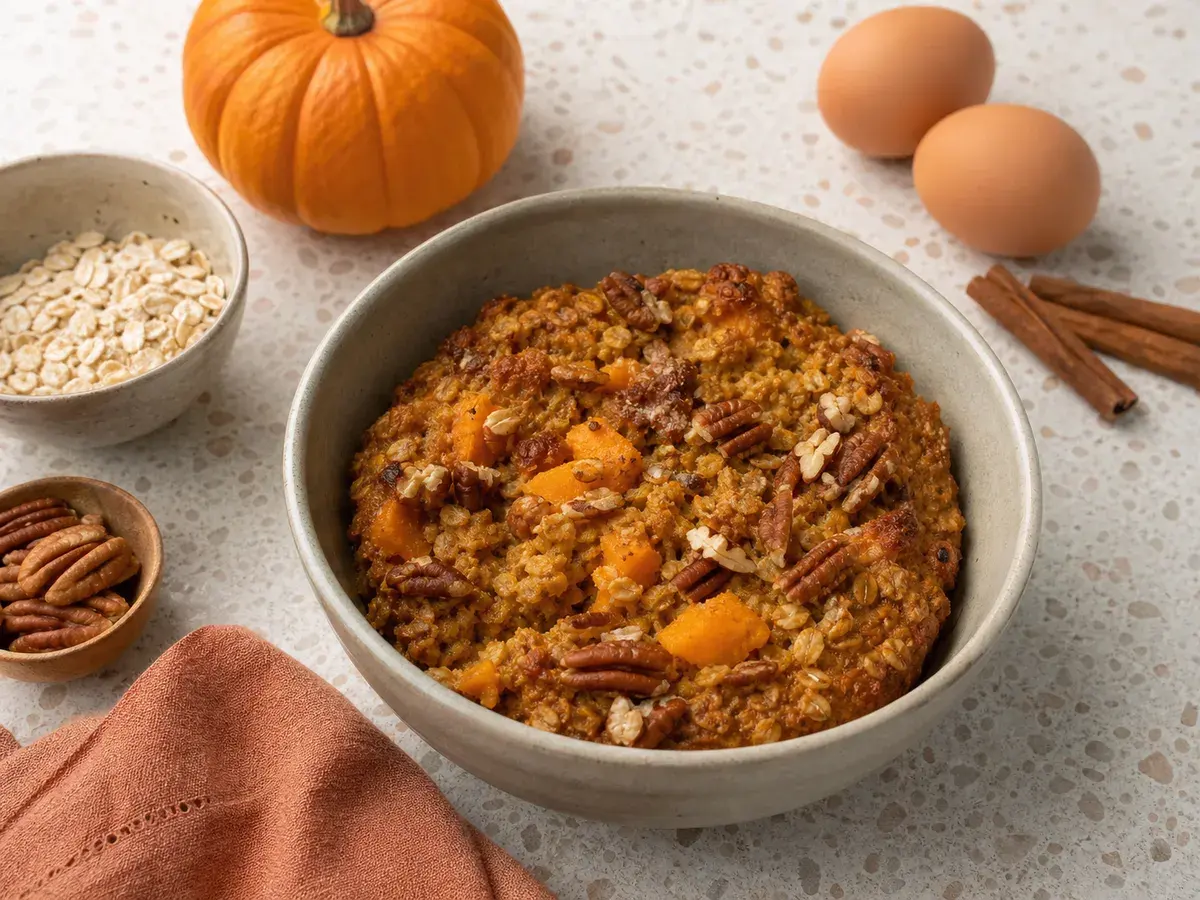 Illustrative image of pumpkin pecan baked oatmeal in a pan
