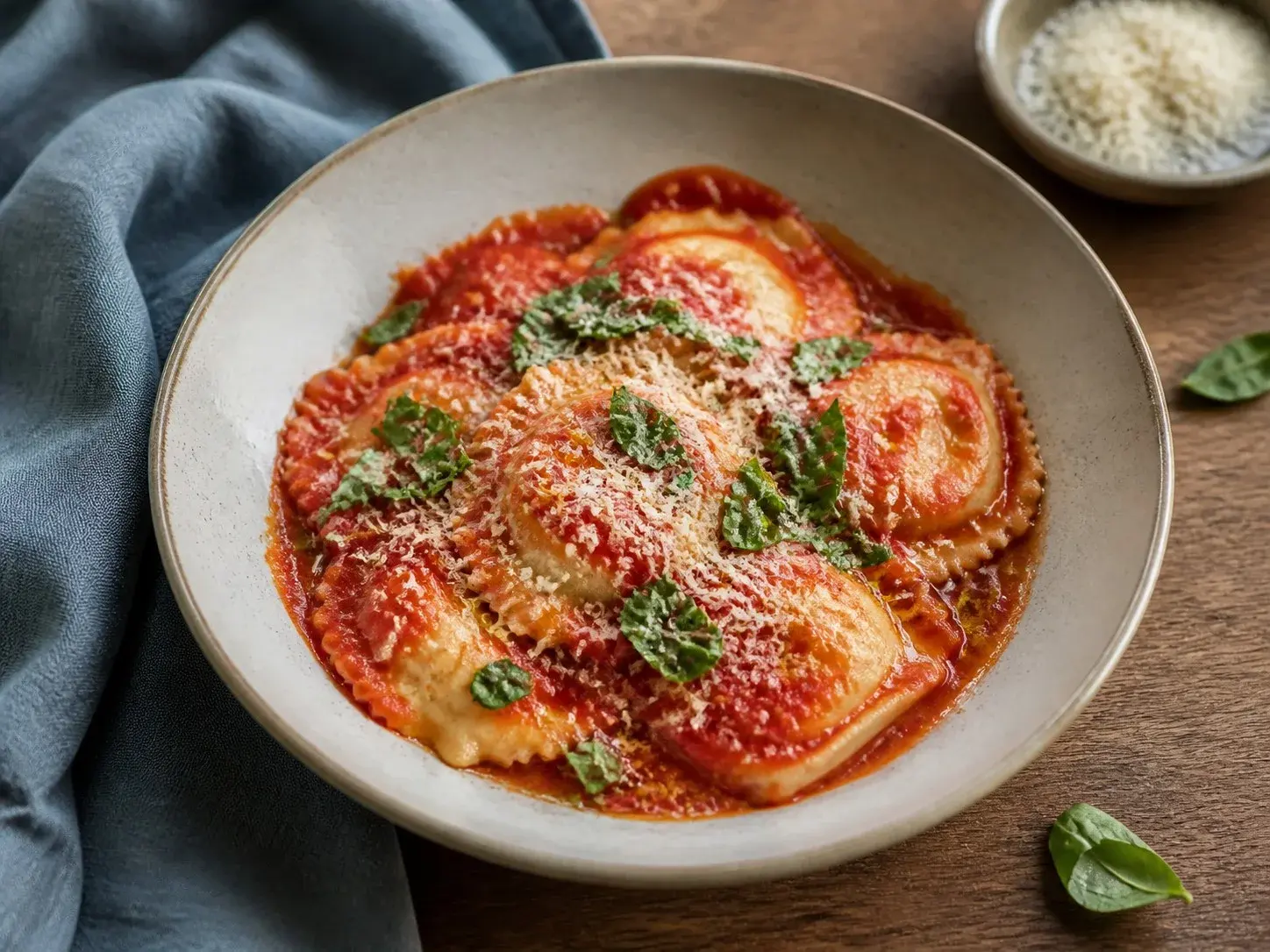 Illustrative image of ravioli with tomato sauce served in a simple everyday setting