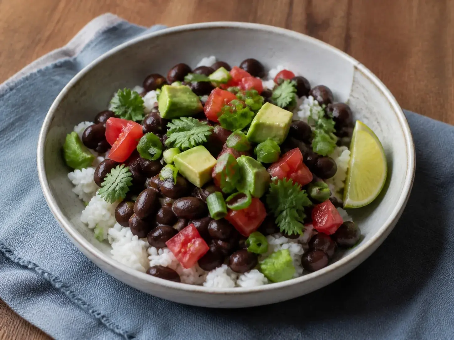 Illustrative image of rice and beans served in a simple everyday setting