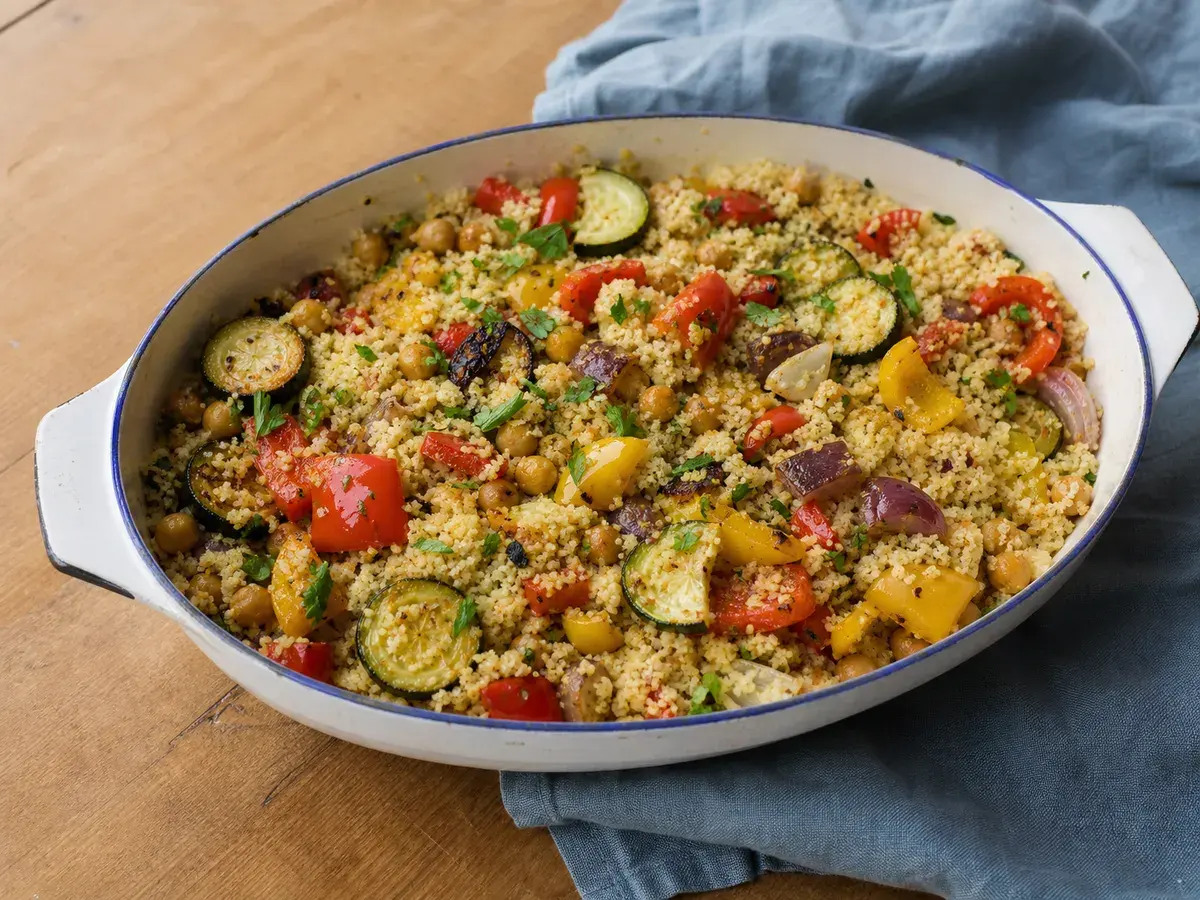 Illustrative image of couscous with roasted vegetables and herbs
