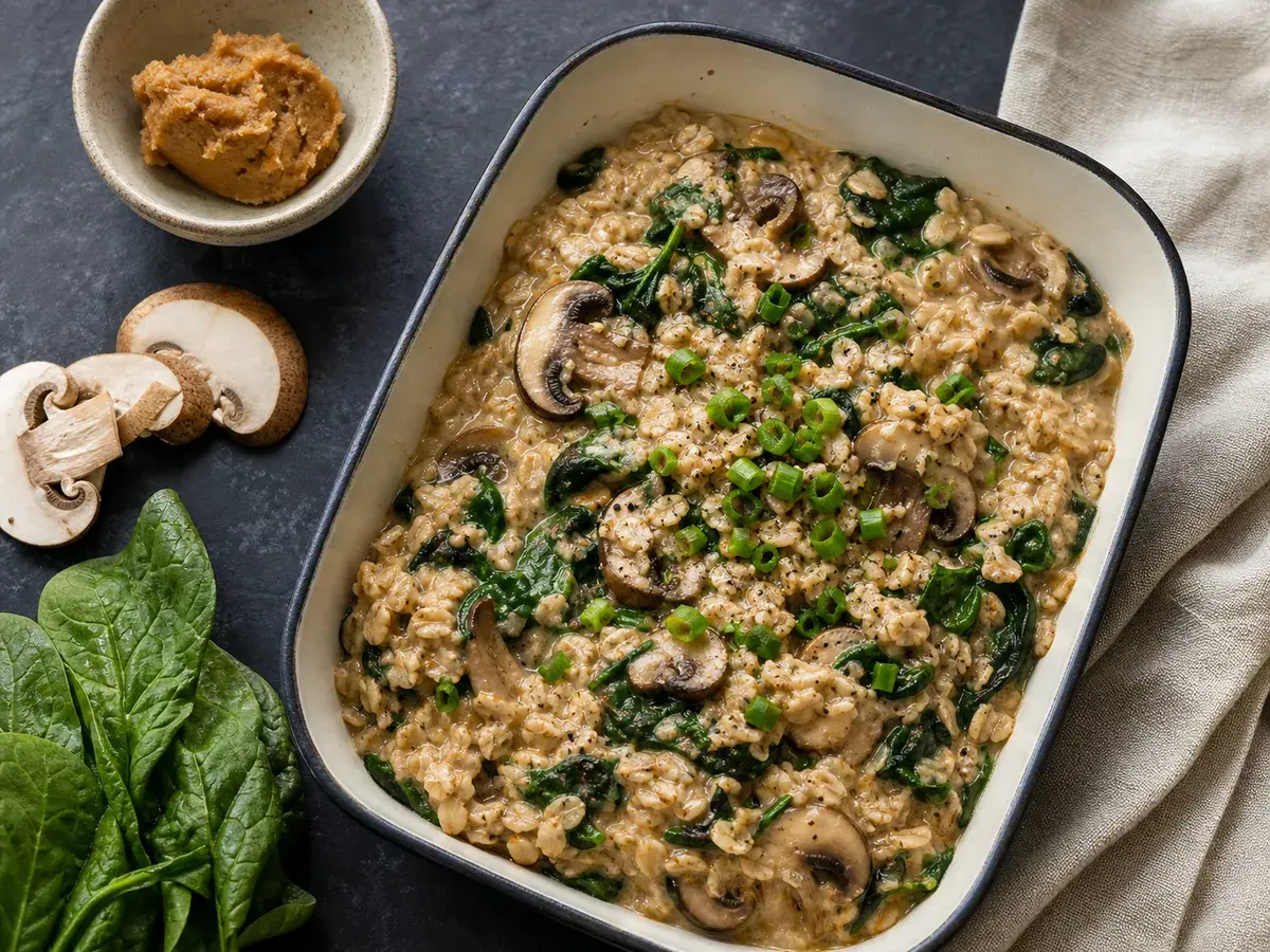 Illustrative image of savory oats with mushrooms and spinach