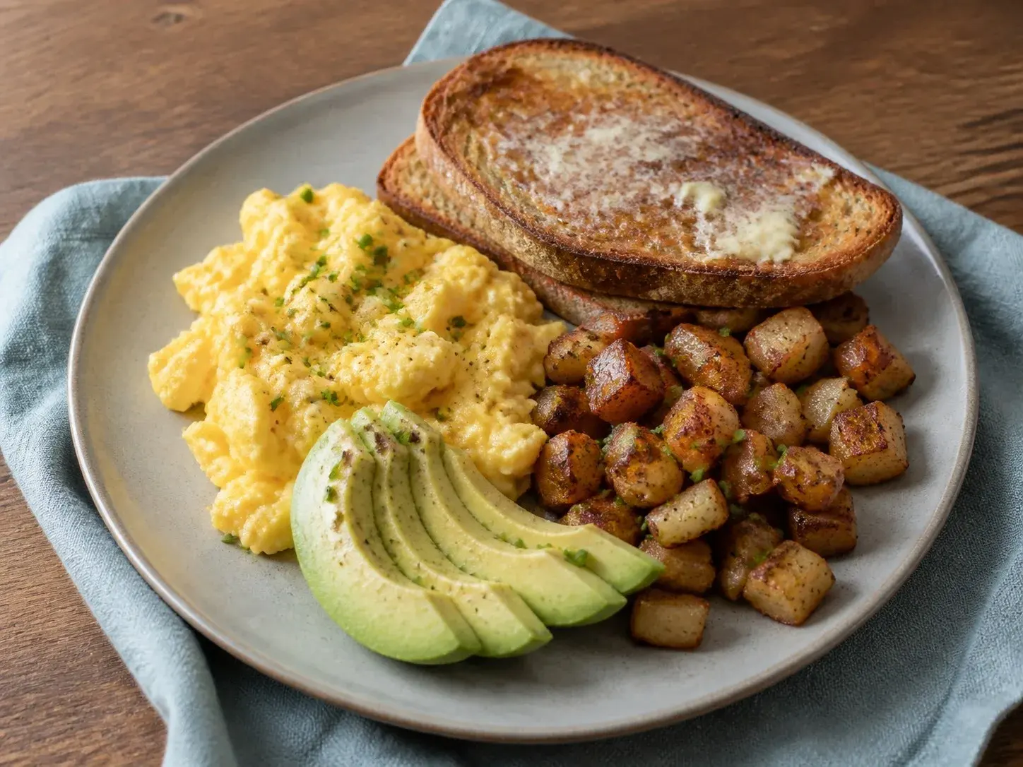 Illustrative image of scrambled eggs with toast and potatoes served in a simple everyday setting
