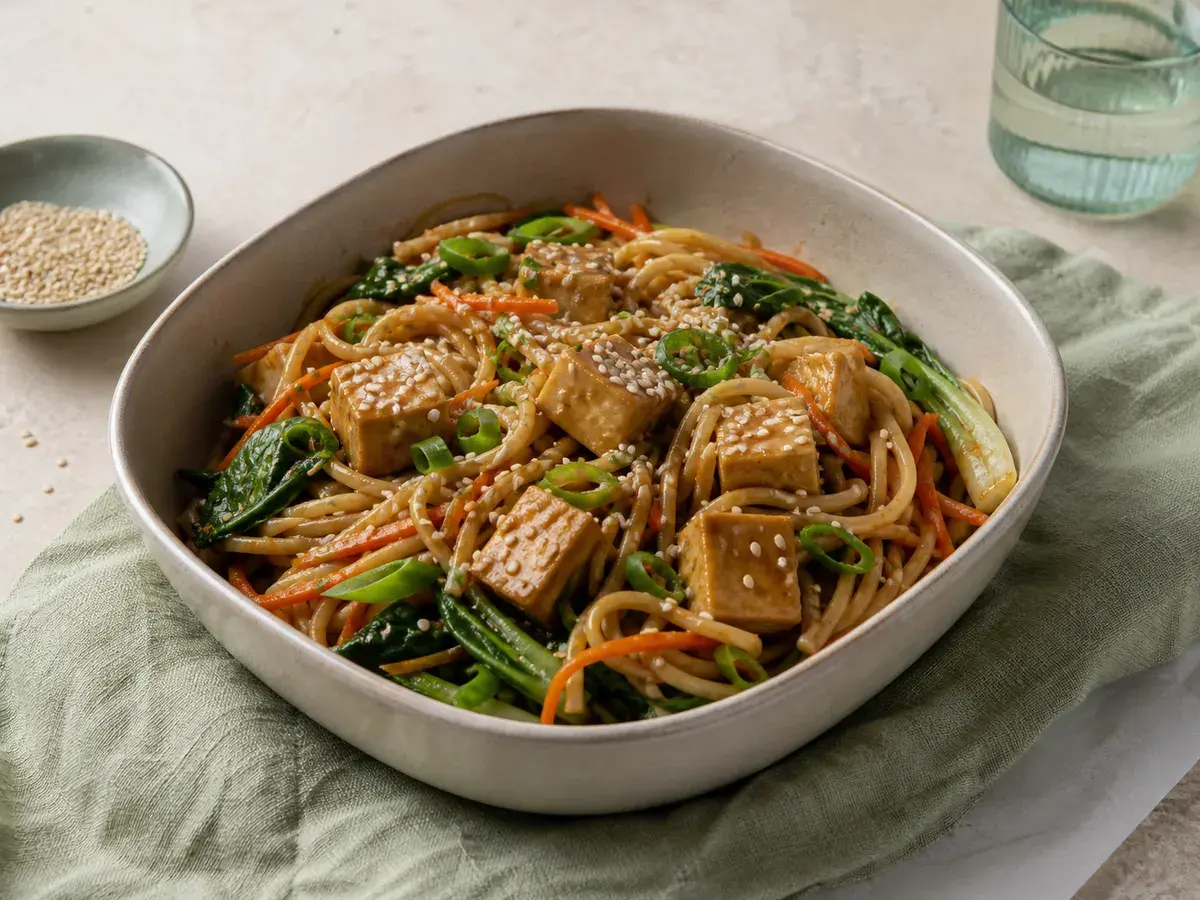 Illustrative image of sesame tofu noodles with shredded vegetables