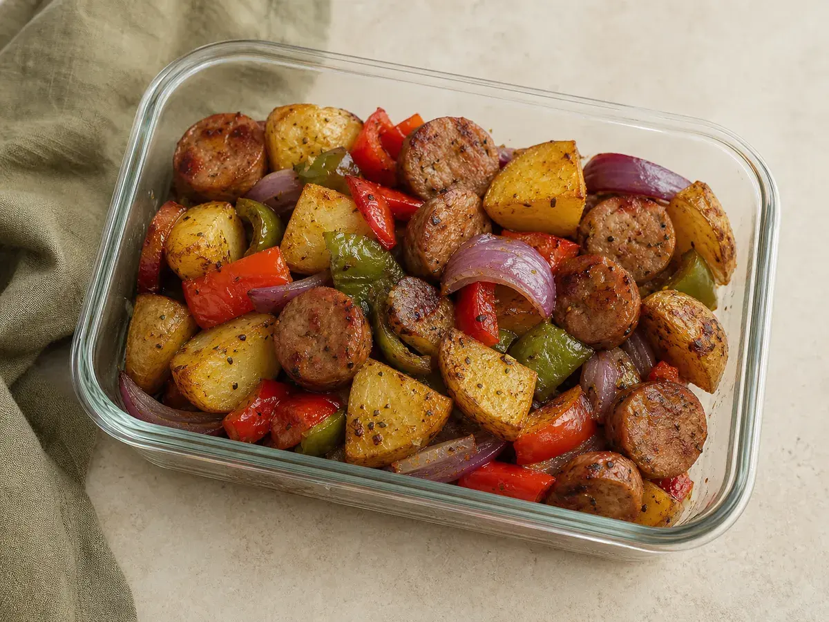 Illustrative image of roasted sausage, potatoes, and peppers