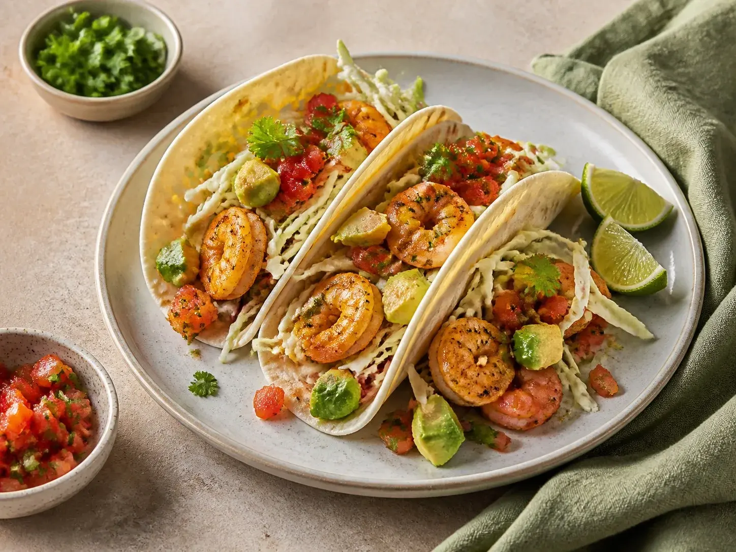 Illustrative image of shrimp tacos served in a simple everyday setting