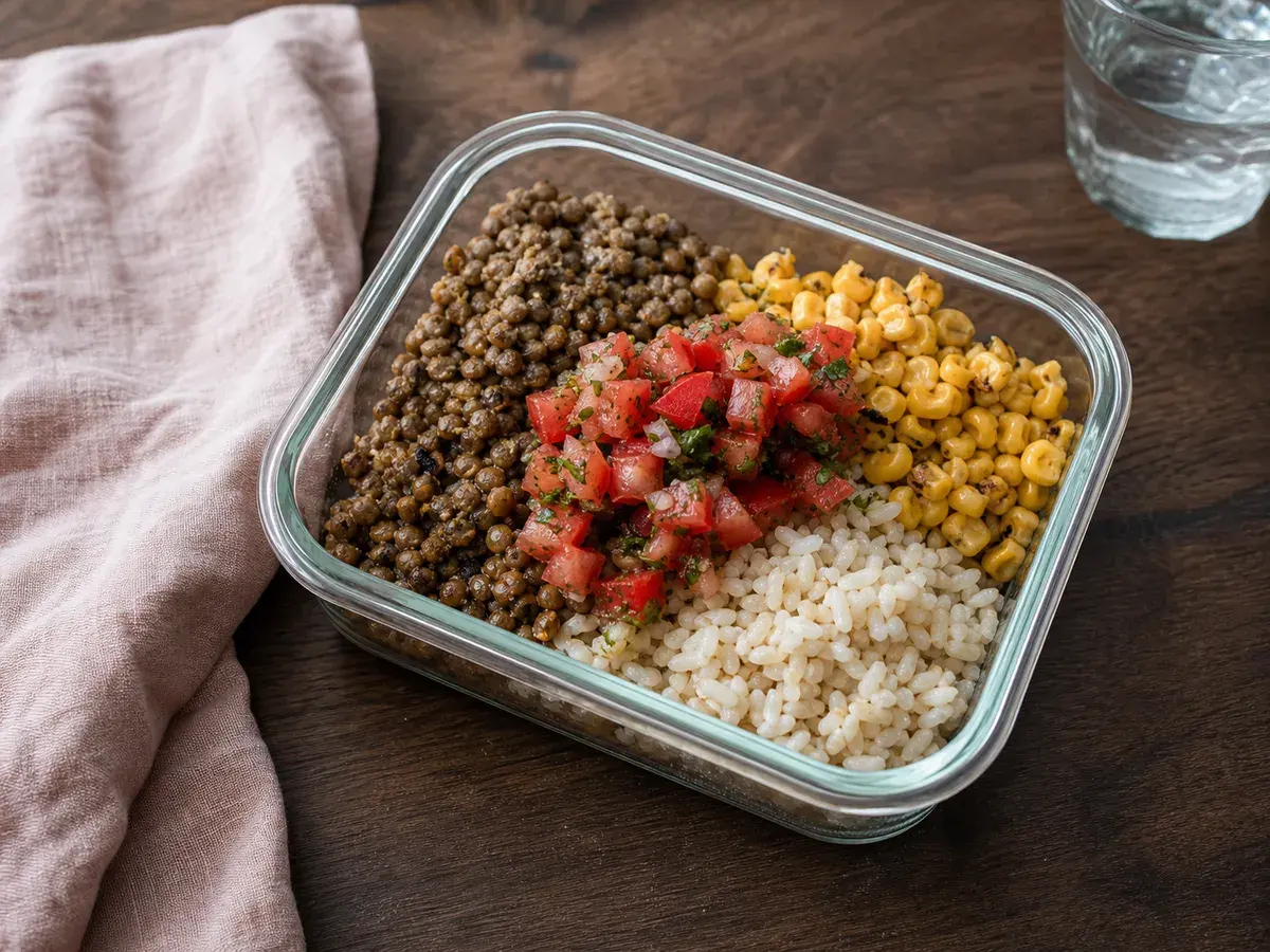 Illustrative image of smoky lentil taco bowls with corn and salsa