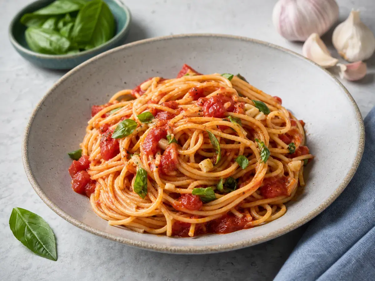 Illustrative image of spaghetti marinara served in a simple everyday setting