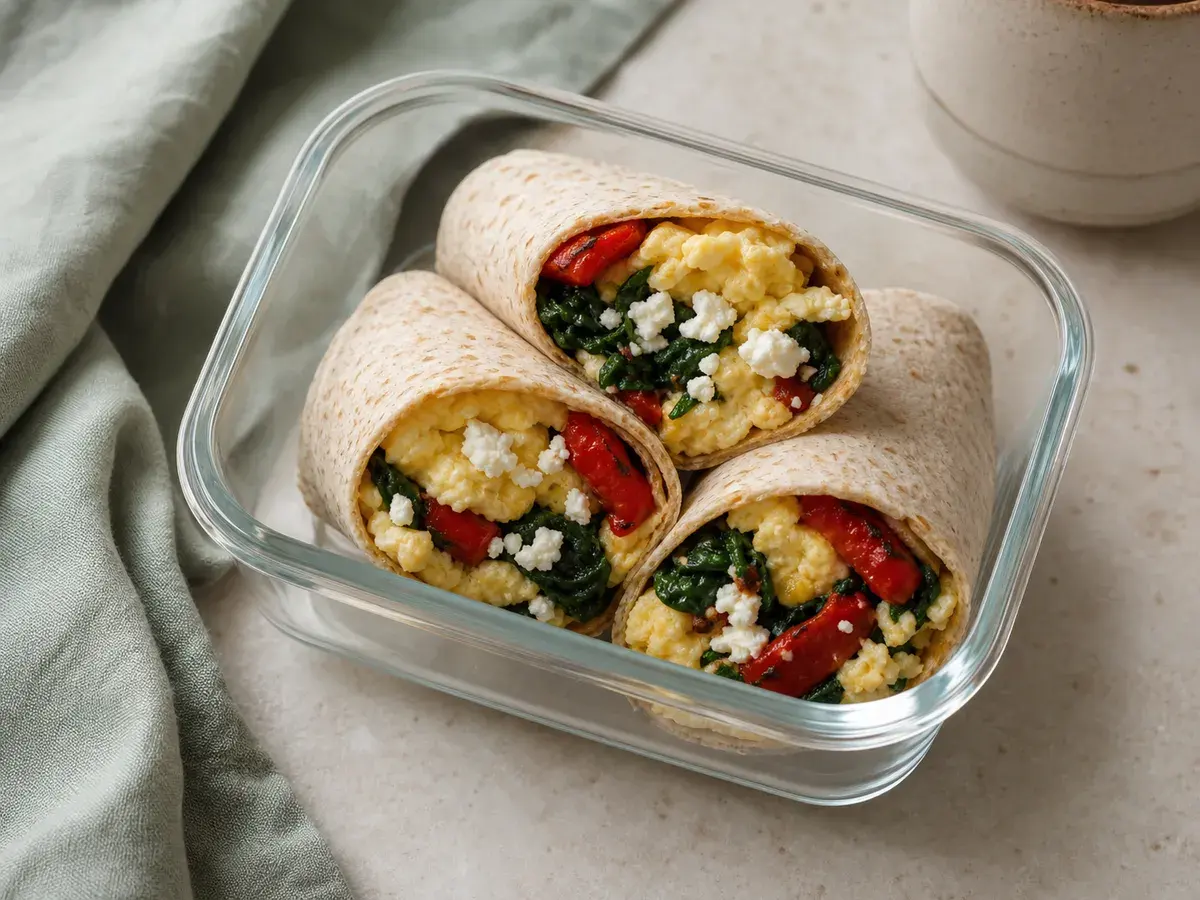 Illustrative image of spinach feta breakfast wraps cut in half