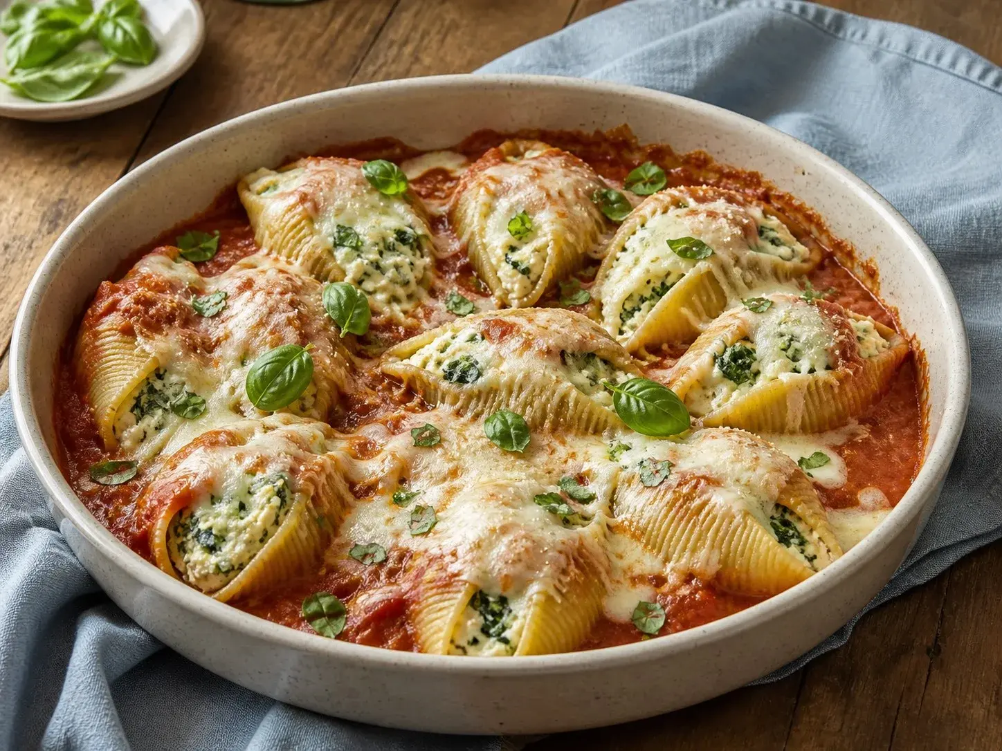 Illustrative image of stuffed shells served in a simple everyday setting