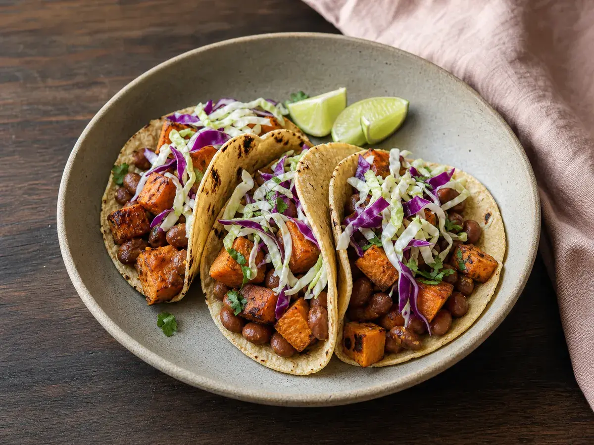 Illustrative image of sweet potato and pinto bean tacos served in a simple everyday setting