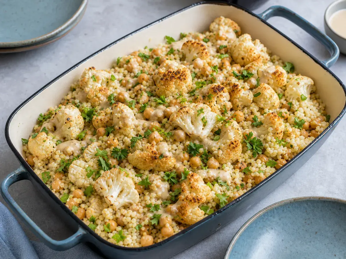 Illustrative image of cauliflower couscous with chickpeas and tahini