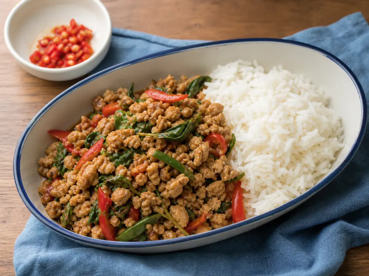Illustrative image of thai basil chicken with rice served in a simple everyday setting