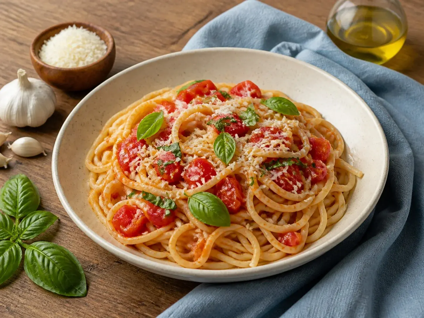 Illustrative image of tomato basil pasta served in a simple everyday setting