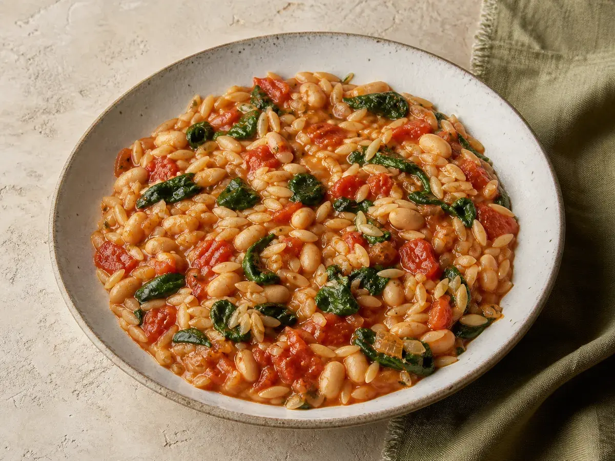 Illustrative image of tomato orzo with white beans and spinach