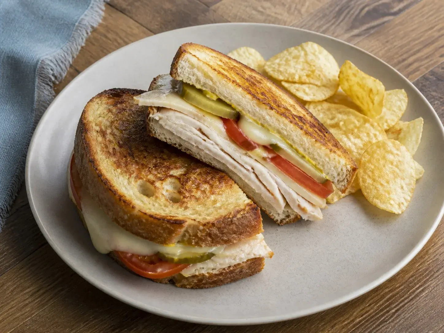 Illustrative image of turkey melts served in a simple everyday setting