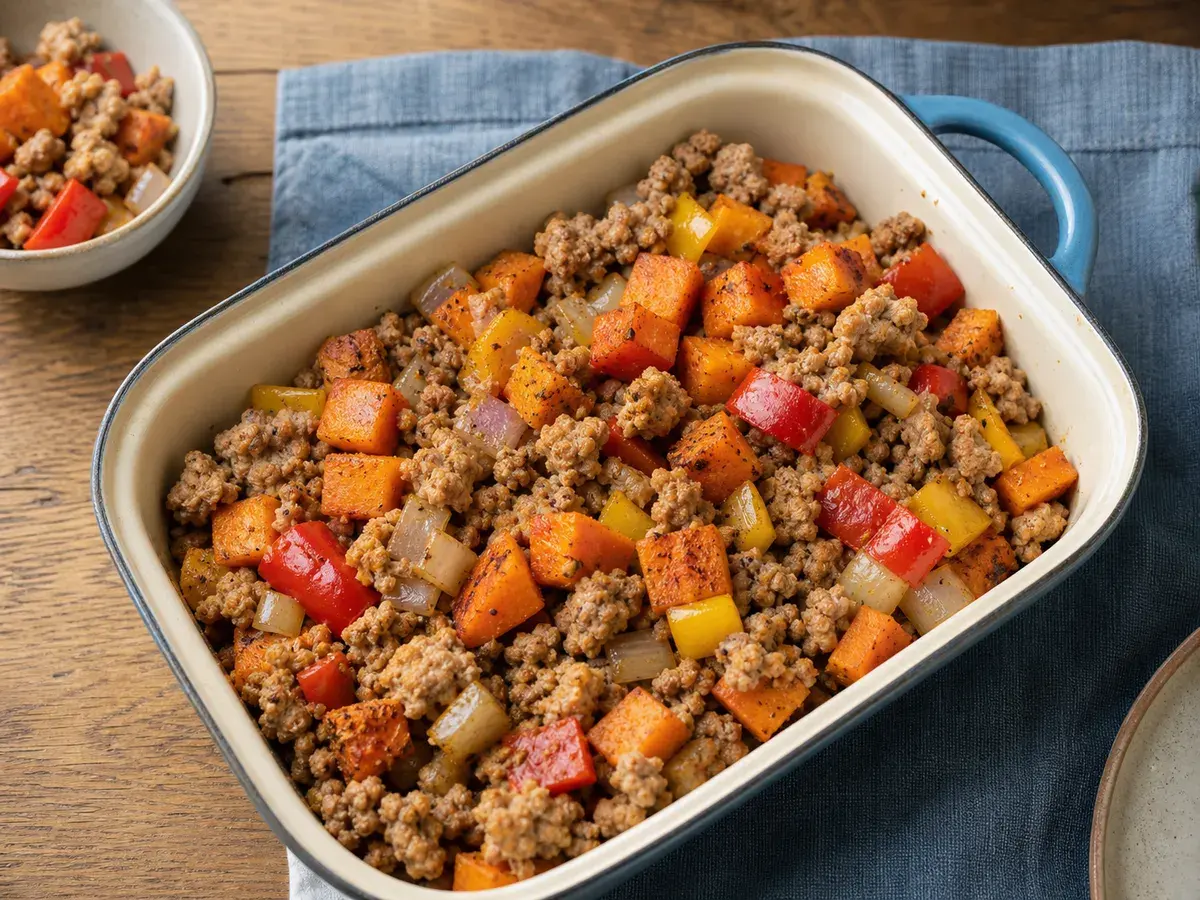 Illustrative image of turkey sweet potato breakfast hash with peppers