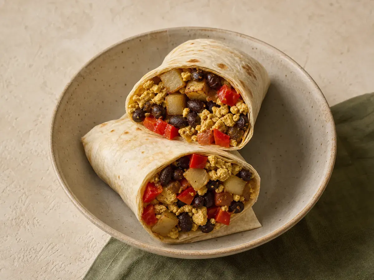 Illustrative image of vegan breakfast burritos with tofu and peppers
