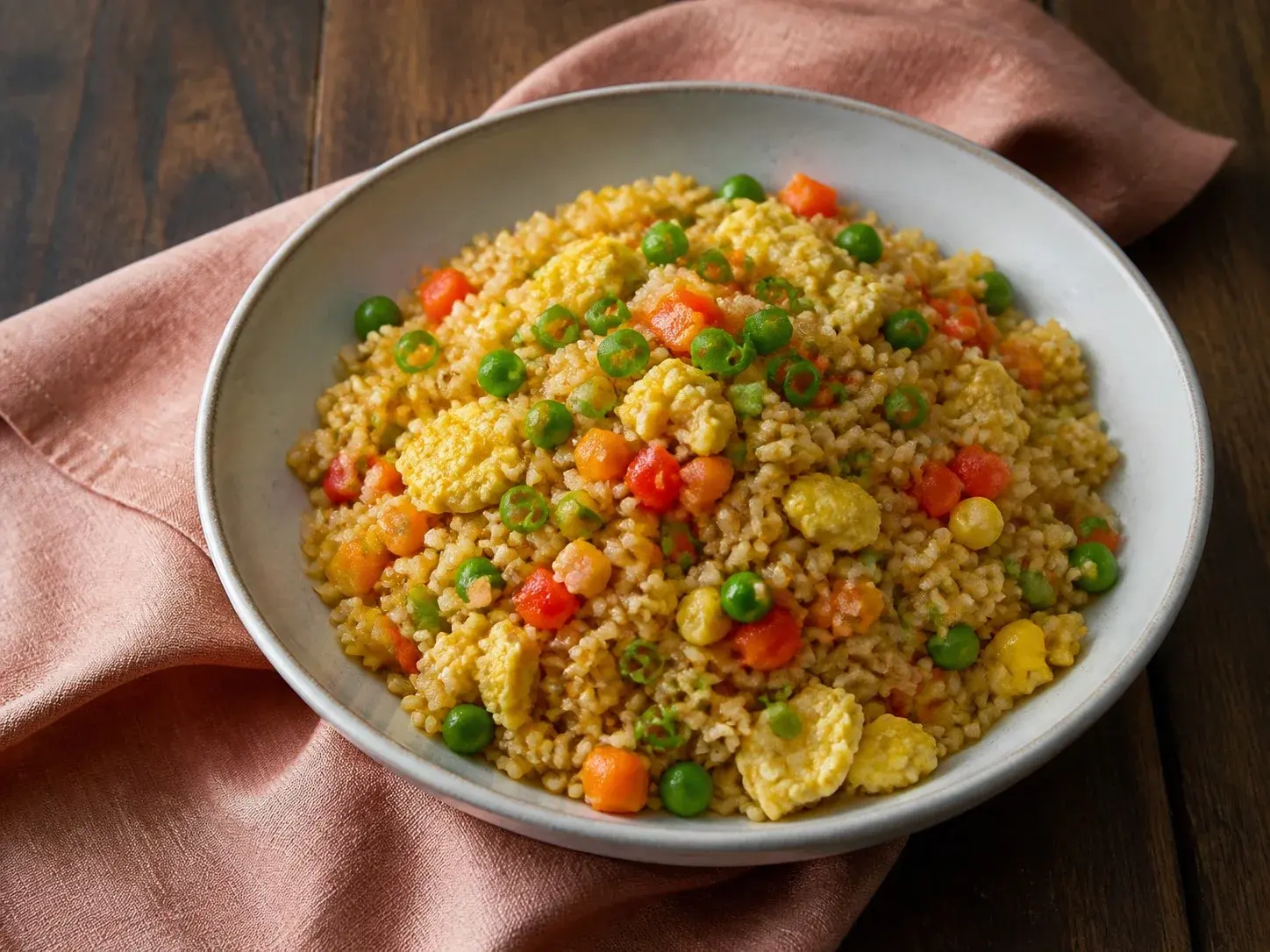 Illustrative image of vegetable fried rice served in a simple everyday setting