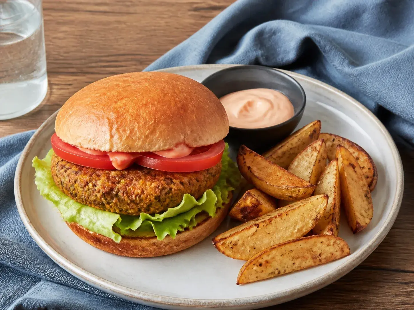 Illustrative image of veggie burgers with oven fries served in a simple everyday setting