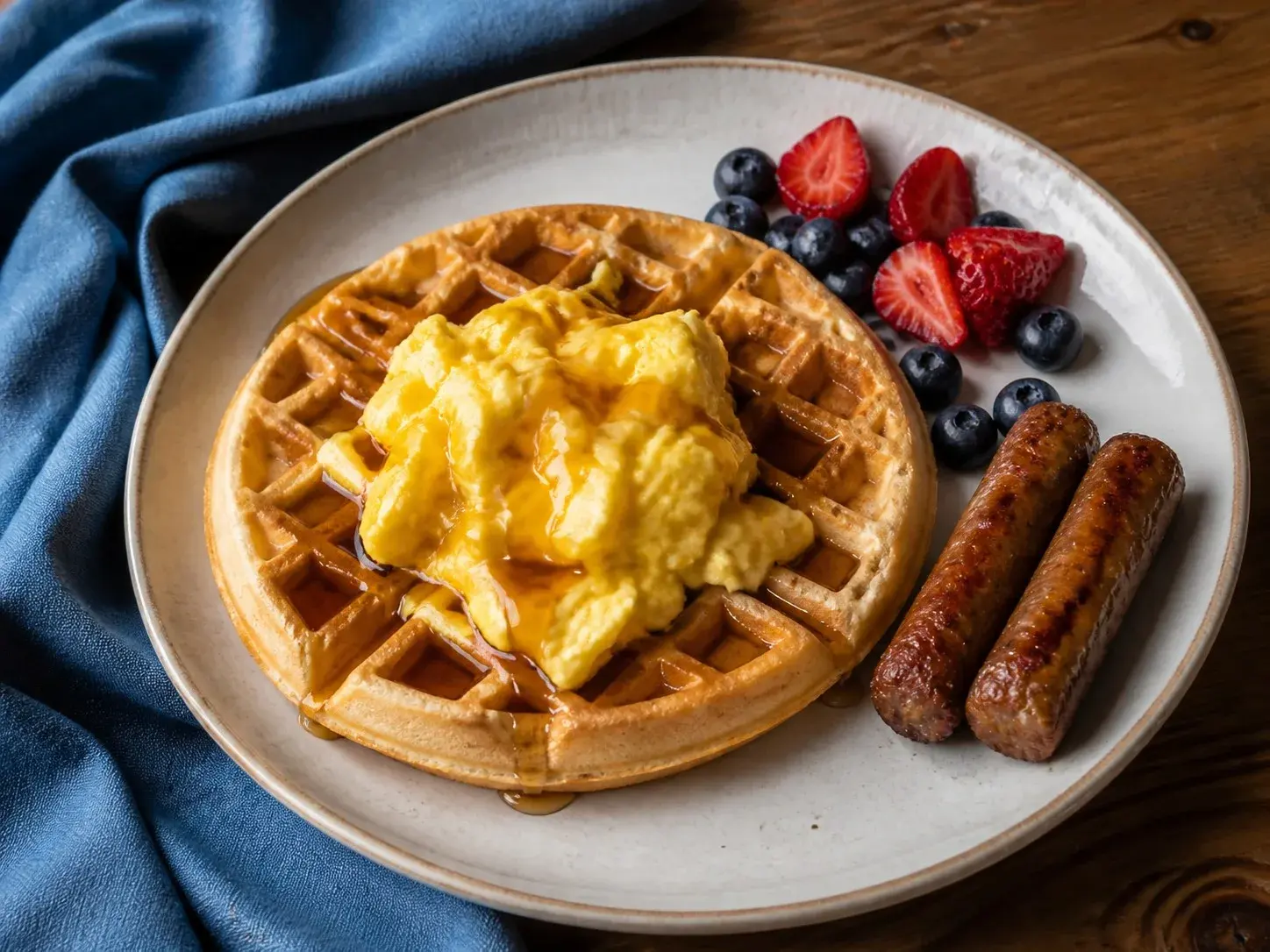 Illustrative image of waffles with eggs served in a simple everyday setting