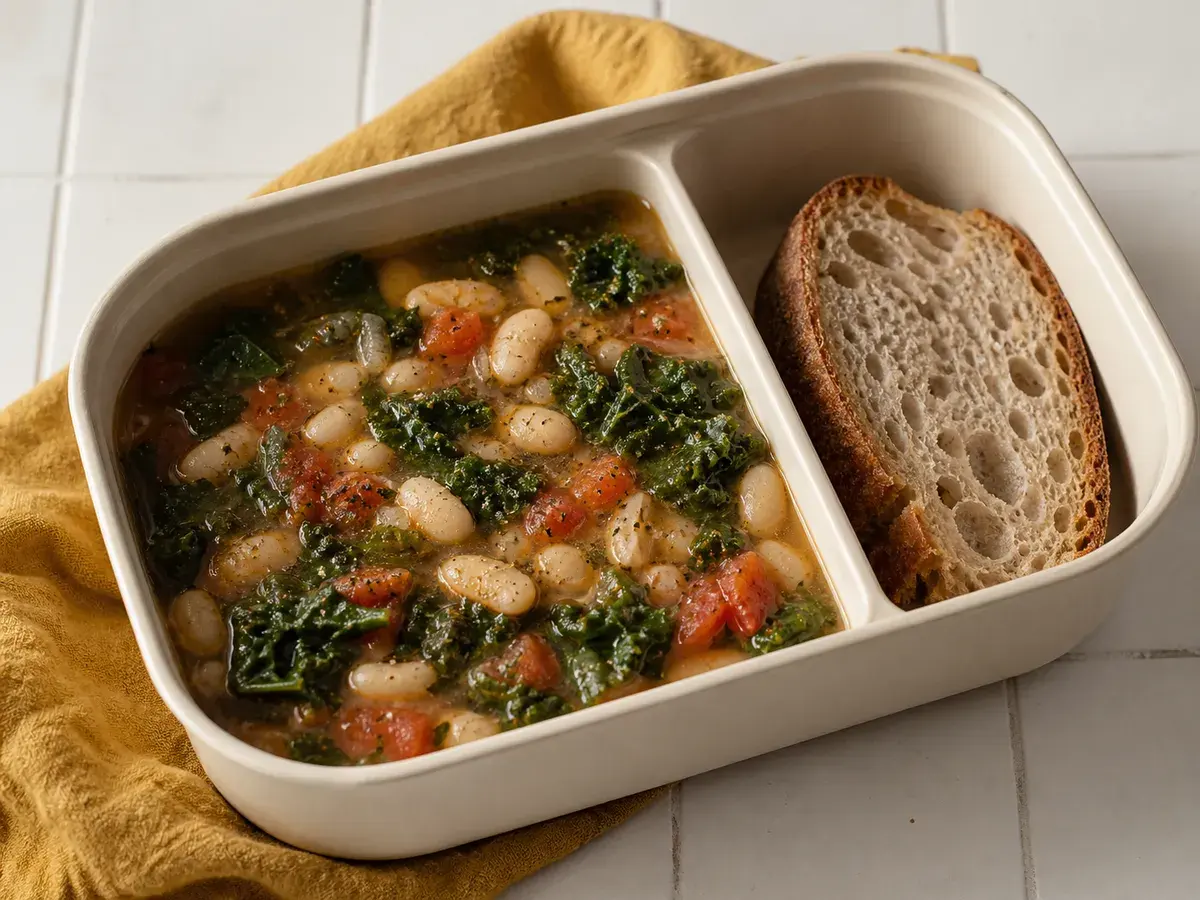 Illustrative image of white bean soup with kale and tomatoes