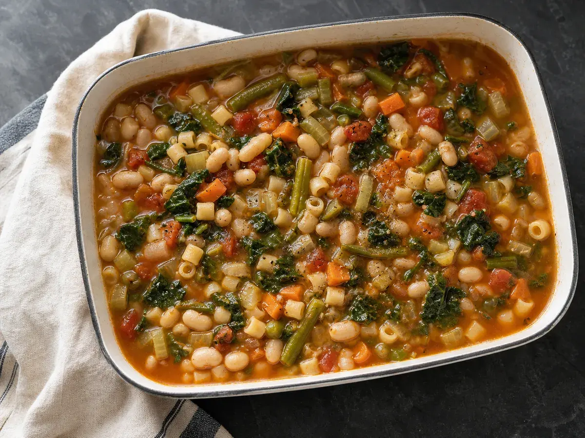 Illustrative image of white bean minestrone served in a simple everyday setting