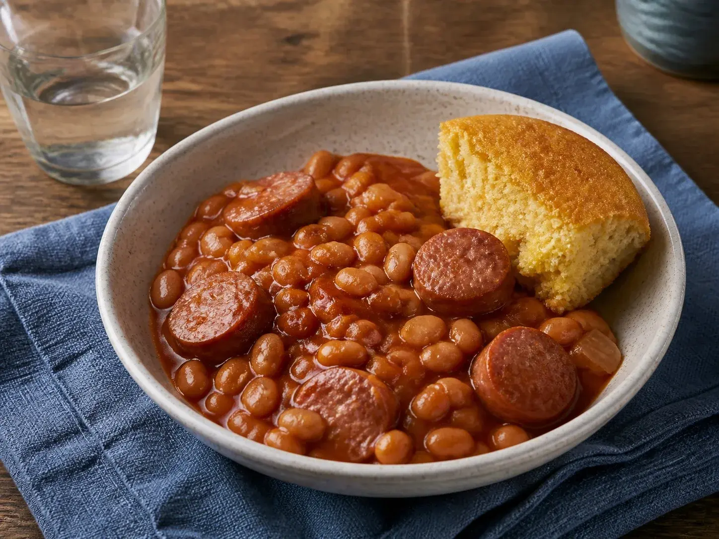 Illustrative image of baked beans with sausage served in a simple everyday setting