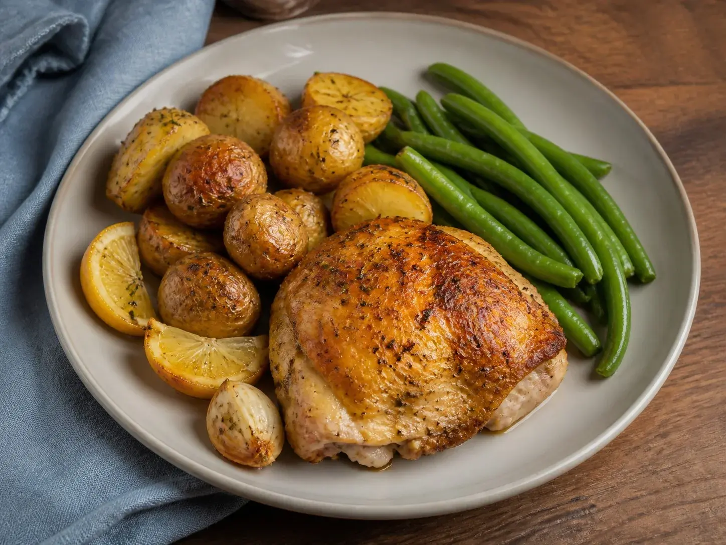 Illustrative image of baked chicken with potatoes served in a simple everyday setting