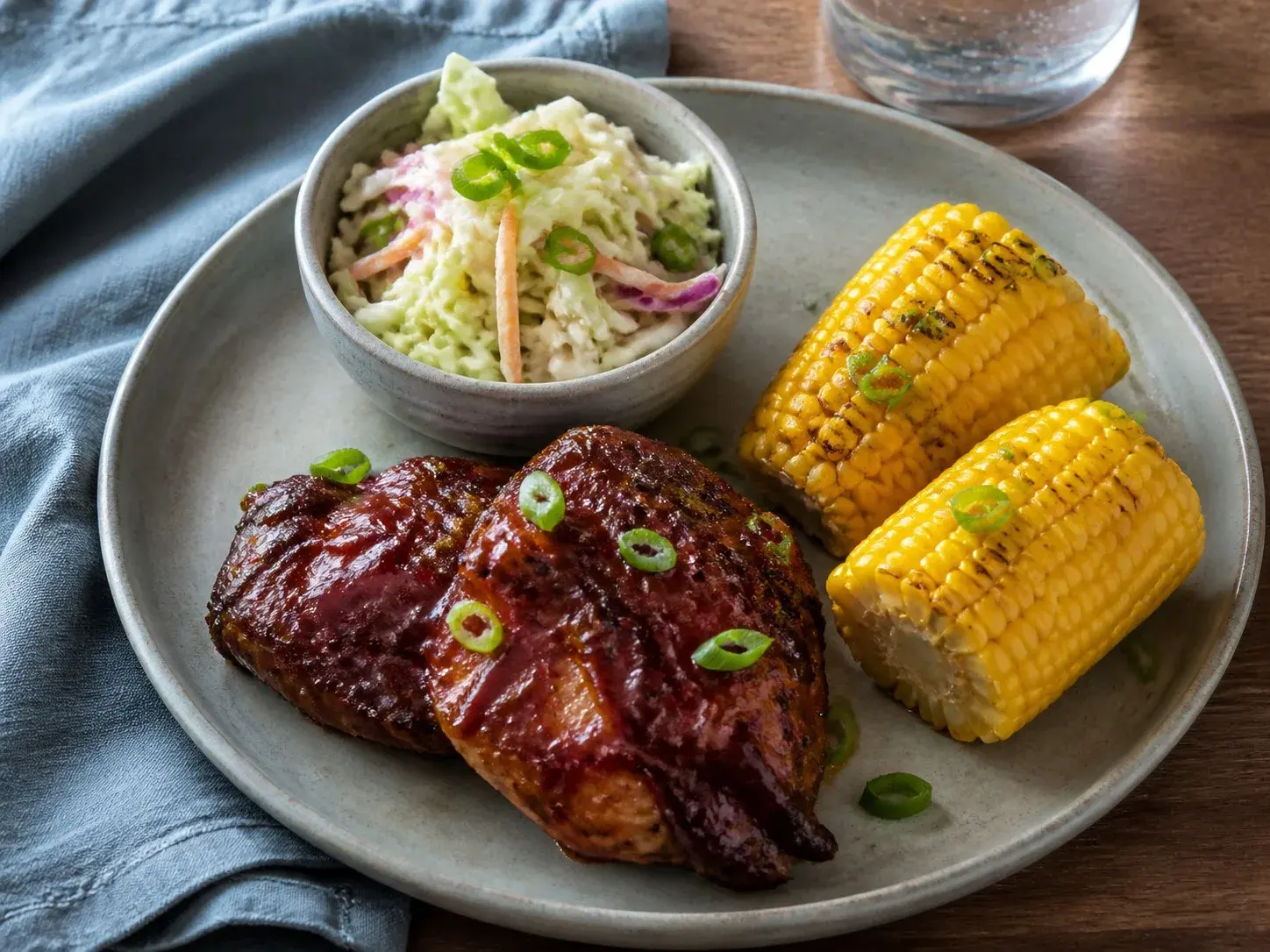 Illustrative image of bbq chicken with corn served in a simple everyday setting