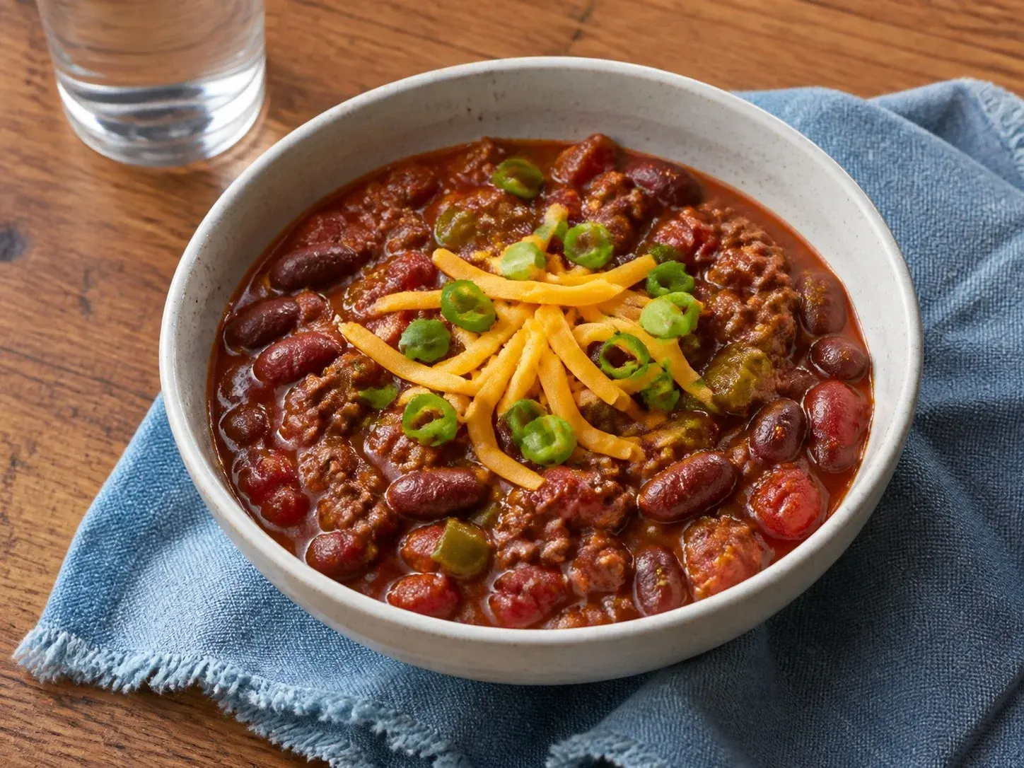 Illustrative image of beef and bean chili served in a simple everyday setting