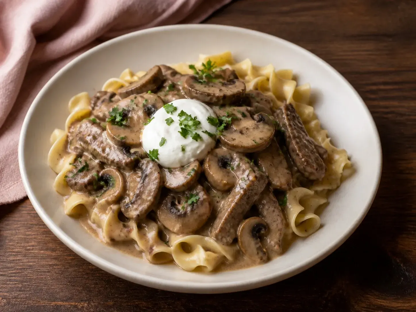 Illustrative image of beef stroganoff served in a simple everyday setting