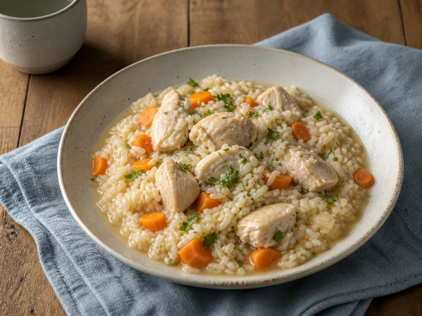 Illustrative image of chicken and rice served in a simple everyday setting