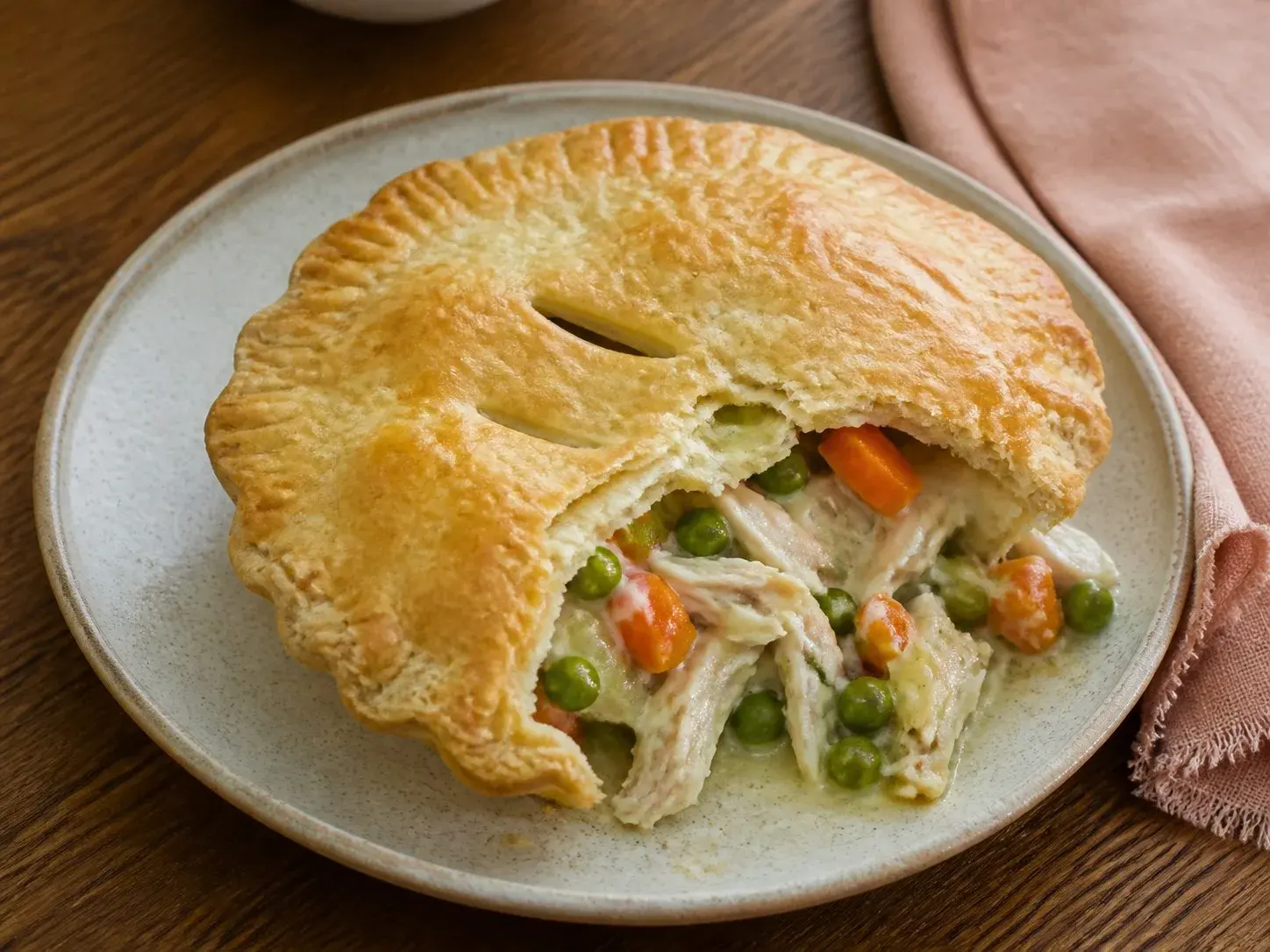 Illustrative image of chicken pot pie served in a simple everyday setting
