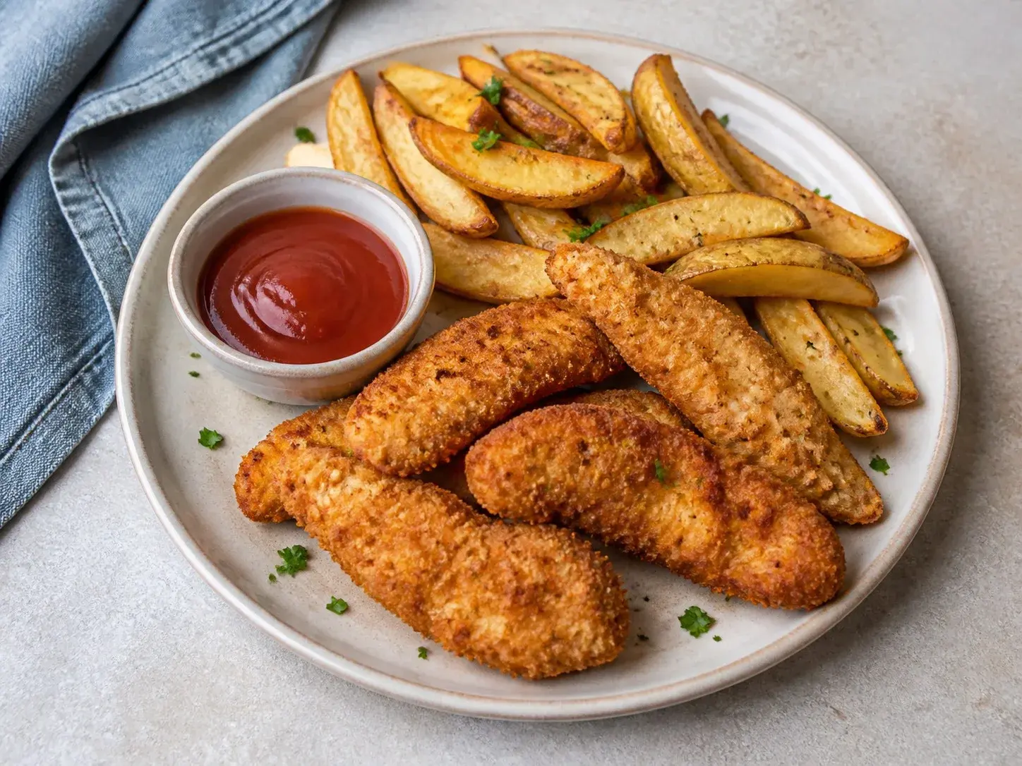 Illustrative image of chicken tenders with oven fries served in a simple everyday setting