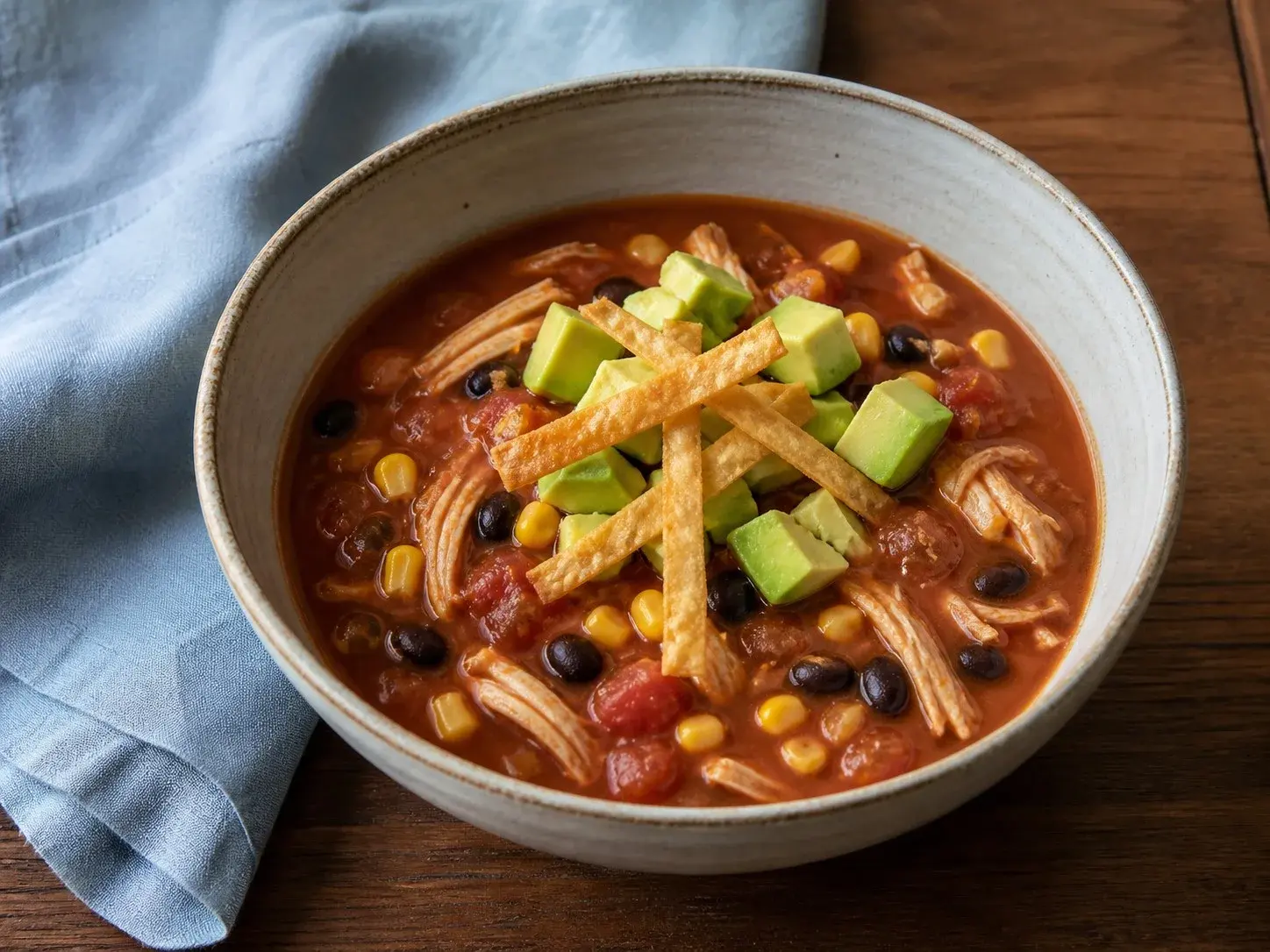 Illustrative image of chicken tortilla soup served in a simple everyday setting