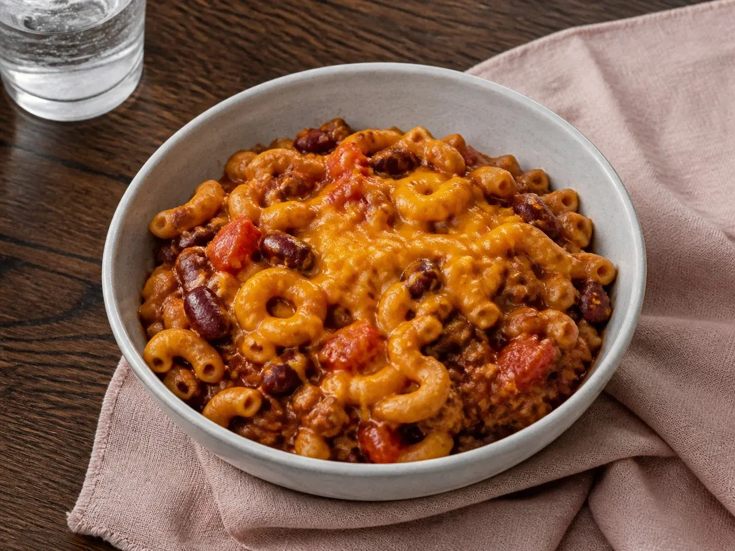 Illustrative image of chili mac served in a simple everyday setting