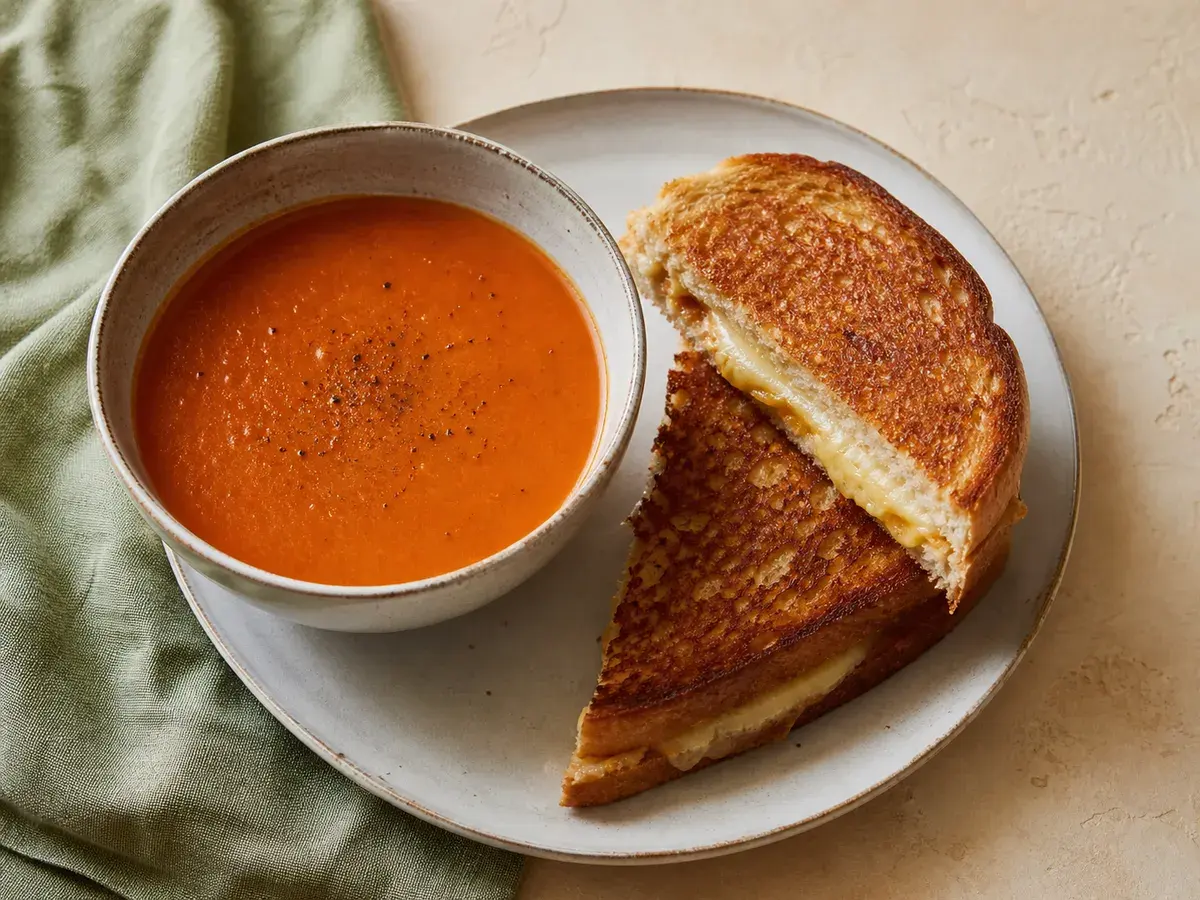 Illustrative image of grilled cheese with a bowl of tomato soup