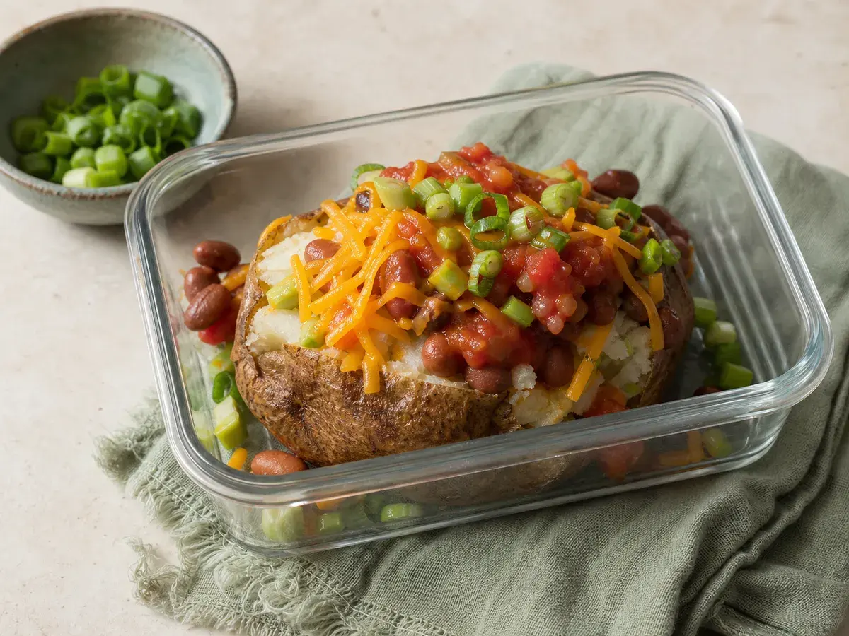 Illustrative image of loaded baked potato served in a simple everyday setting