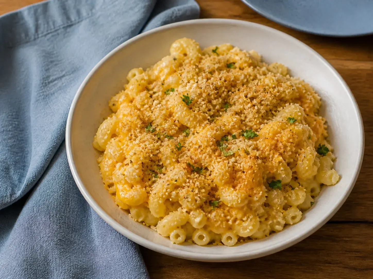 Illustrative image of mac and cheese served in a simple everyday setting
