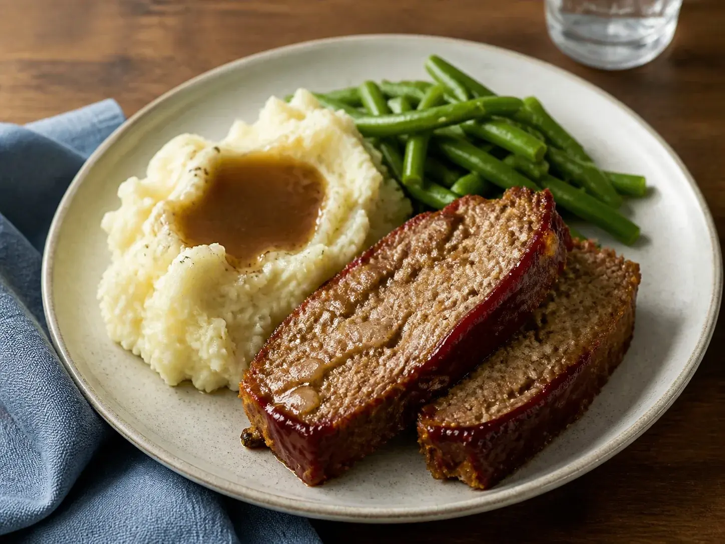 Illustrative image of meatloaf with mashed potatoes served in a simple everyday setting