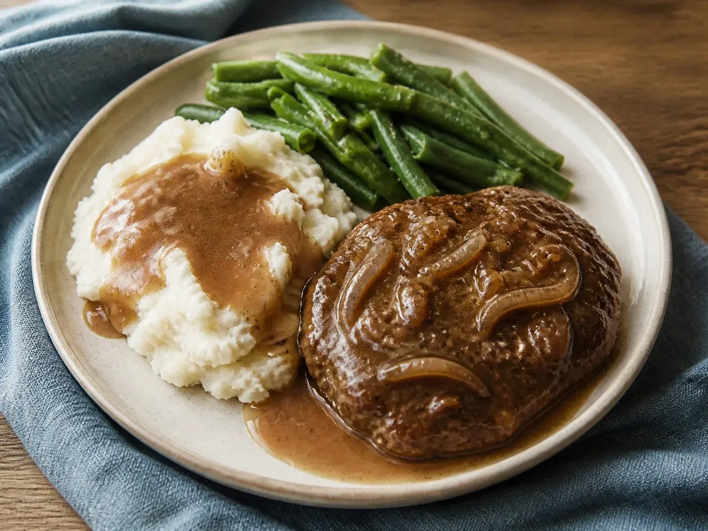 Illustrative image of salisbury steak with mashed potatoes served in a simple everyday setting