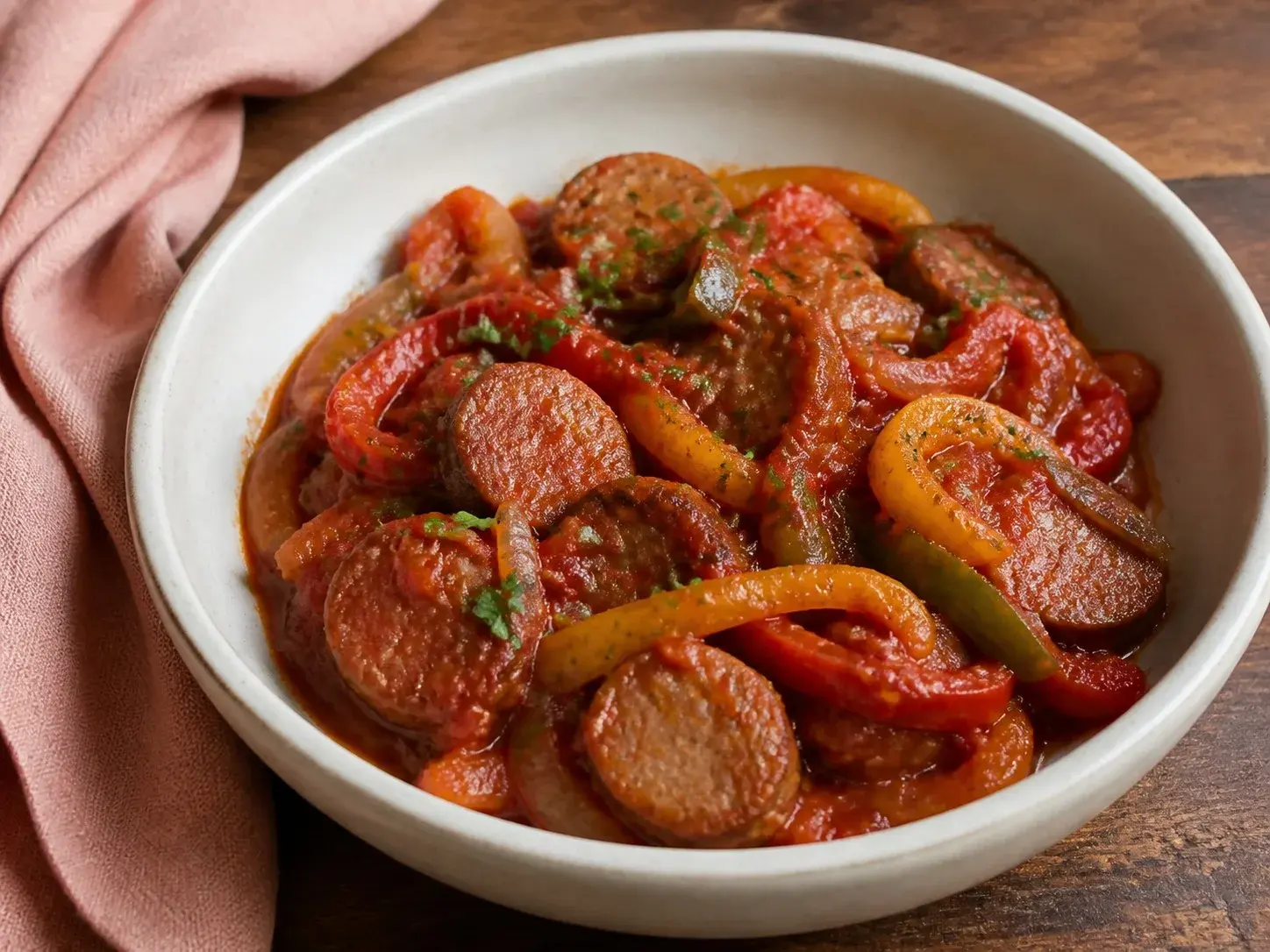 Illustrative image of sausage and peppers served in a simple everyday setting