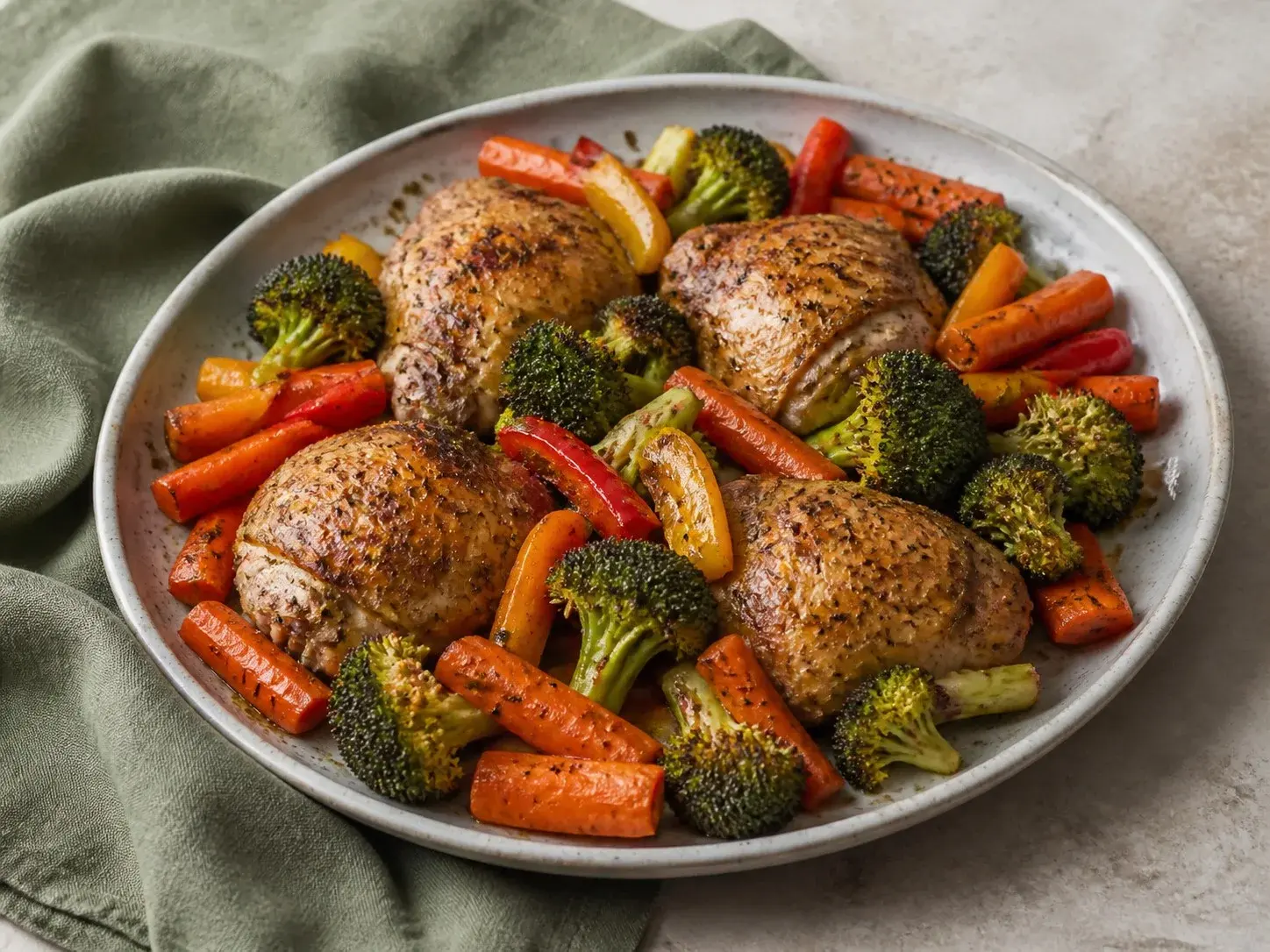 Illustrative image of sheet-pan chicken and vegetables served in a simple everyday setting