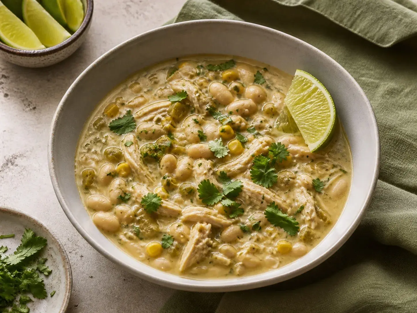 Illustrative image of white chicken chili served in a simple everyday setting