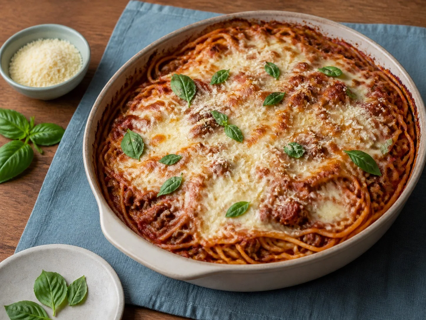Illustrative image of baked spaghetti served in a simple everyday setting