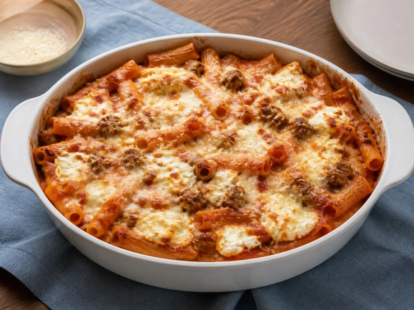 Illustrative image of baked ziti served in a simple everyday setting